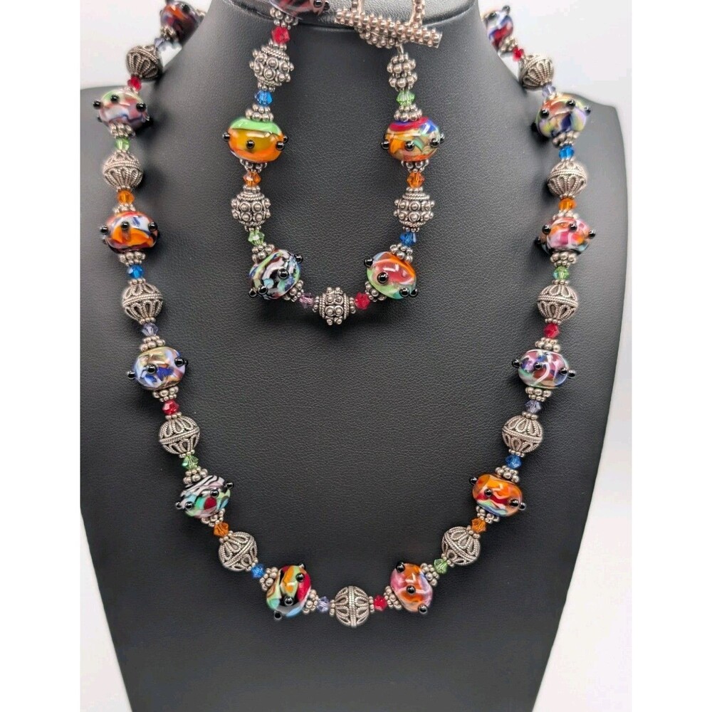 Rainbow Artisan Lampwork Glass Crystal Beads 925 Sterling Bracelet Necklace Set